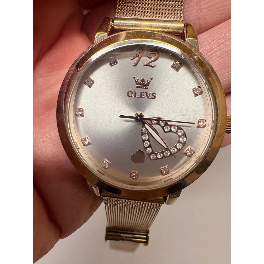 OLEVS Rose Gold Mesh Watch Womens Heart Crystal Dial Quartz Needs Battery